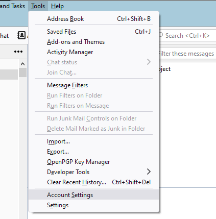 Tools menu in Thunderbird showing the Account Settings option highlighted