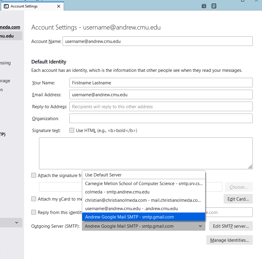 Account Settings screen with the dropdown selection of Andrew Google SMTP