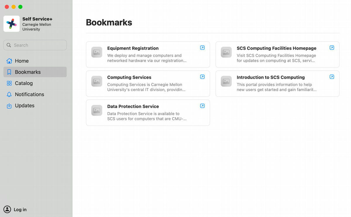 Self Service+ application Bookmarks tab with resource links.